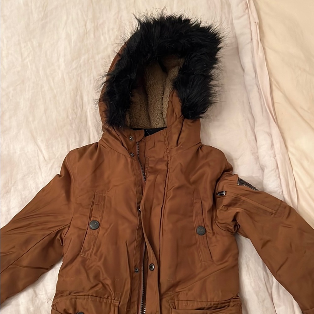 IKKS Kids Stylish Brown Hooded Jacket with Black Fur Trim